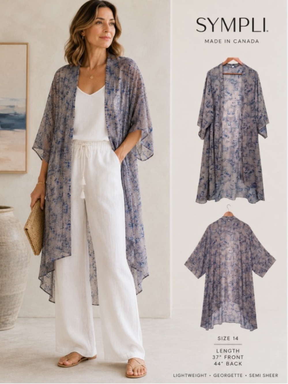 Sympli Semi Sheer Kimono Duster Open Front 14 Georgette Lightweight Made Canada